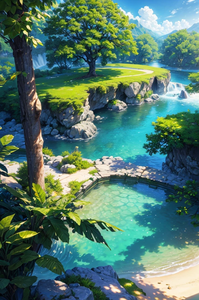 masterpiece, best quality, (Very detailed CG unified 8k wallpaper) (best quality), (Best illustration), (The best shades) bright colors, jungle, water, Natural Beauty, oasis of tranquility , Cherry tree, Blue sky ray tracing, Super detailed