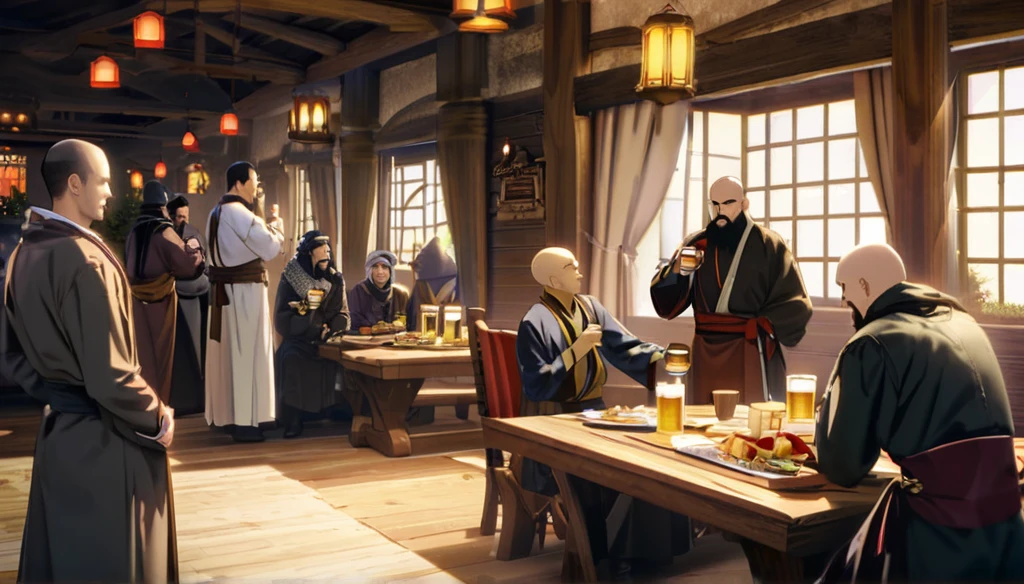 ((anime Infinite Stratus art, 8k, epic quality)). The theme is medieval RPG. It's night. The setting is a large old medieval tavern, very detailed, wooden furniture, wooden walls with chandeliers completely illuminating the scene, some windows, wooden floors, there are several people(men and women) from several different classes(knights, clerics, ninjas, thiefs, monks, archers, pirates) partying wildly and drinking a lot of beer around the setting, the focus is a man(31-years-old wizard, bald, handsome face, smiling like a drunk, black beard slightly gray, white skin, brown eyes, strong and short in stature, he wears a pointy wizard's hat and legendary wizard's clothes, he is drinking beer from a mug using his left hand). The atmosphere is festive, funny, cheerful and magical. Complete view of the setting.