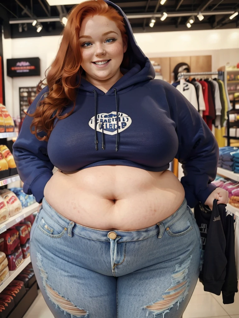 A happy photo of a young beautiful redhead bbw with long wavy ginger hair soft fat belly, wide fat obese hips, thick fat legs and fat arms, cute pretty face, small breasts, blue eyes, freckles, in a cute tight hoodie and ripped jeans, in a clothes shop, buying new hoodies