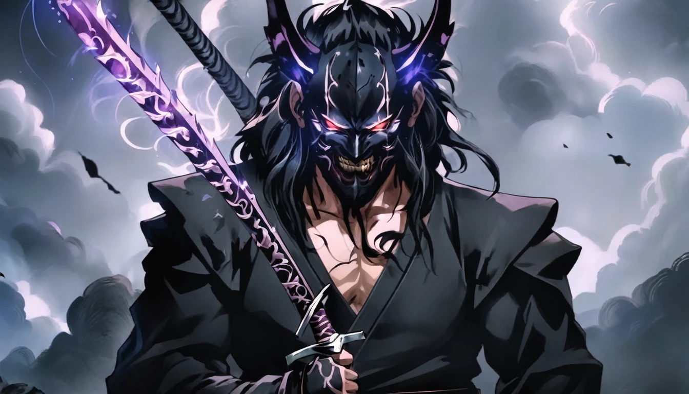 demon mask, sword on the back,close up, black heavy detailed clothes, back katana, art, dark and malevolent, armor, powerful and intimidating, (masterpiece, best quality, ultra-detailed, best shadow), (detailed background, dark fantasy) dramatic light, intricate details, dark and malevolent, powerful and intimidating, Dark and foreboding, malevolent force, sinister and chilling, armor, high detailed background, girl in demon slayer art, demon slayer art style, epic anime art, God death