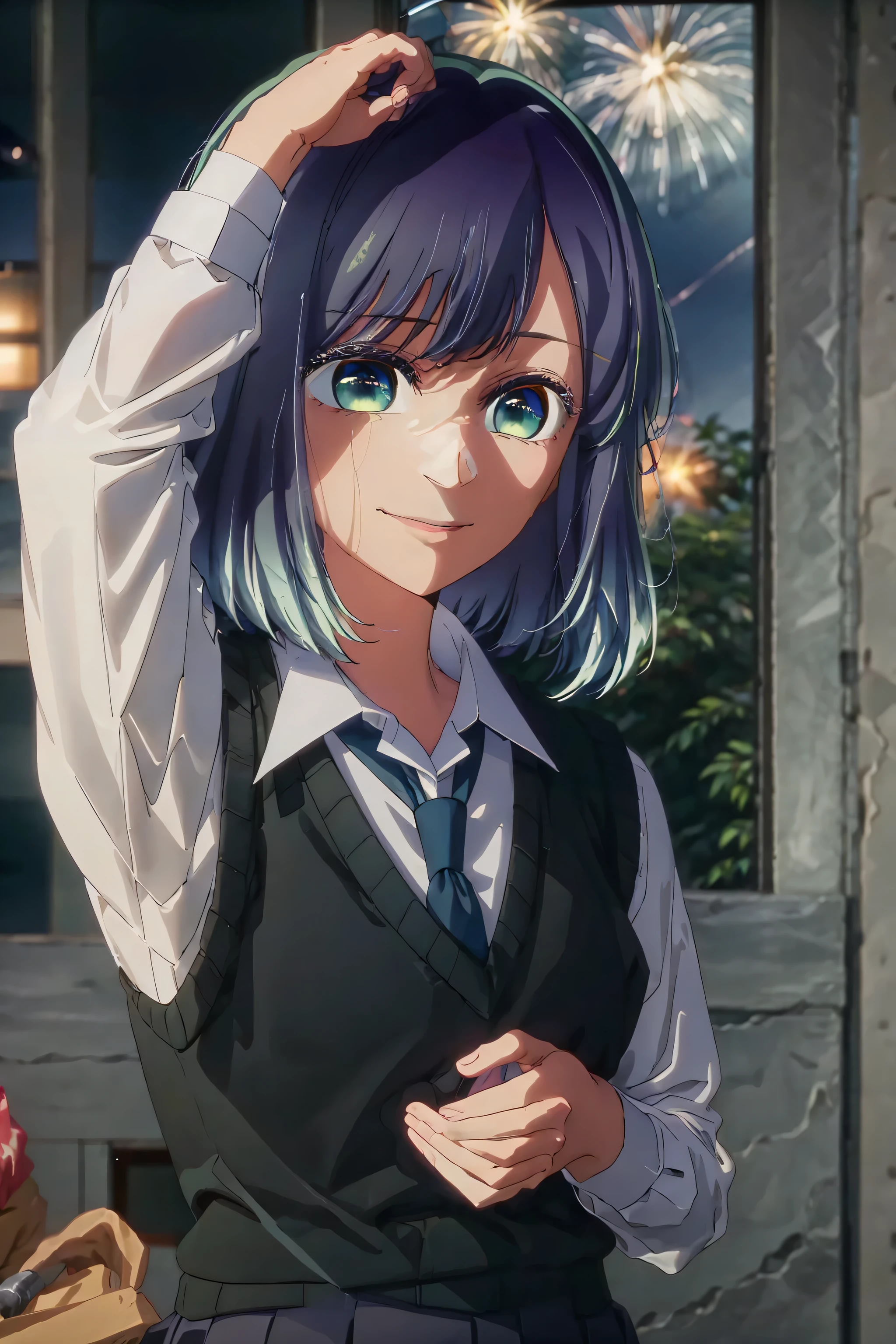 best quality, masterpiece, 1 girl, alone, beautiful, detailed eyes, shirt, blue tie, blue hair, white shirt, long sleeves, medium hair, collared shirt, vest, indoors, , bangs, vest, closed mouth , smile, green eyes, multicolored hair, black vest, short hair, faded hair, blue eyes, skirt, festival, festival lights, fireworks