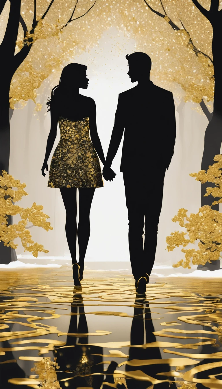 Lovers holding hands in gold and black