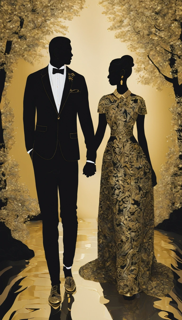 Lovers holding hands in gold and black