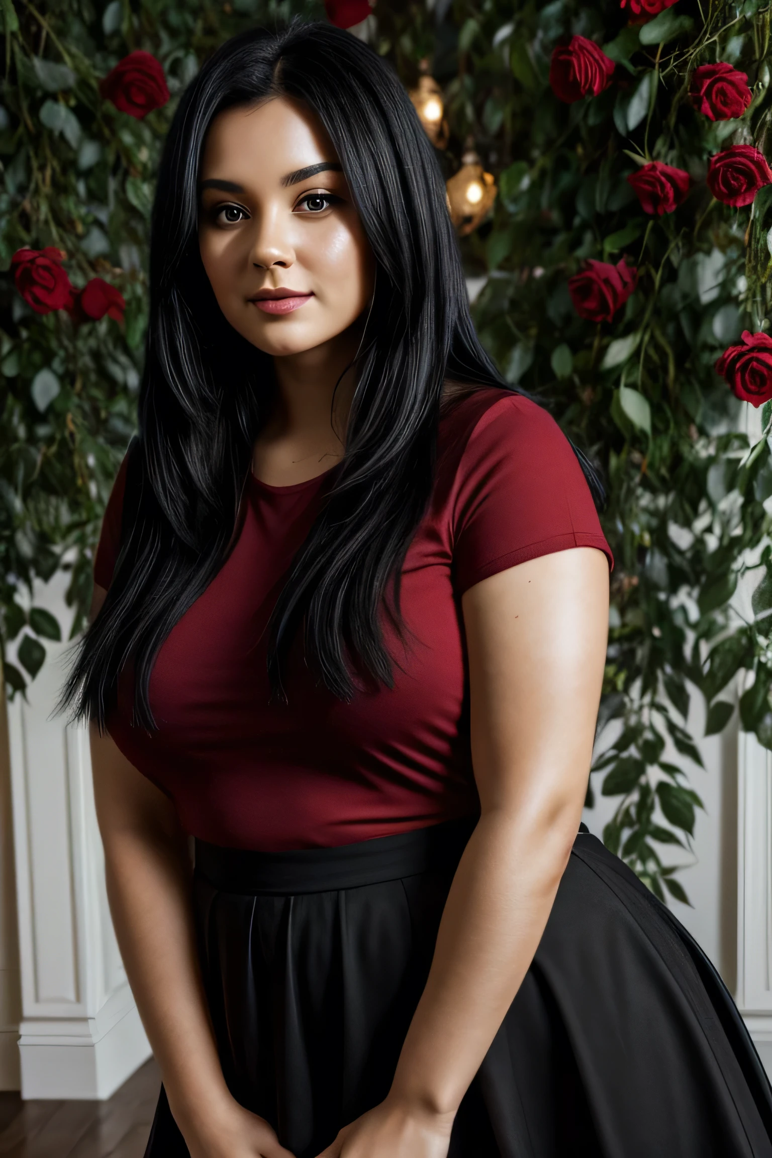 woman, straight black hair, red top, black skirt, chubby, in a room with green branches and roses around, looking at the camera, photorealistic