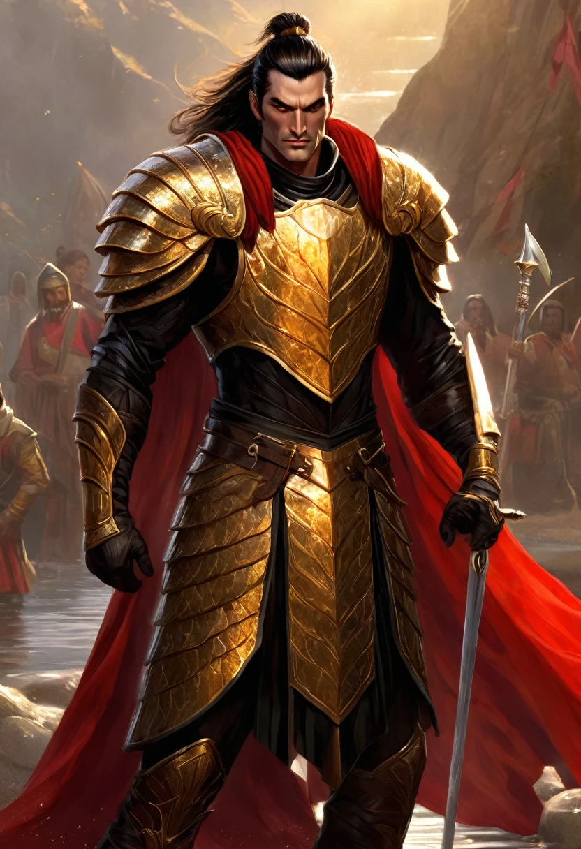 A tall, slender, graceful, and fit man, 40 years, he has a lined and saturnine face with thin eyebrows, black "viper" eyes and a sharp nose.His hair is lustrous and black, with only a few silver streaks, and recedes from his brow in a widow's peak. Heis a renowned warrior, quick as a water snake and very athletic. He wears an armored shirt of overlapping rows of glittering copper disks, a a cloak of pale red silk, and a high gilded helm with a copper sun on its brow. His round steel shield is brightly polished, and displays a sun-and-spear in red gold, yellow gold, white gold, and copper