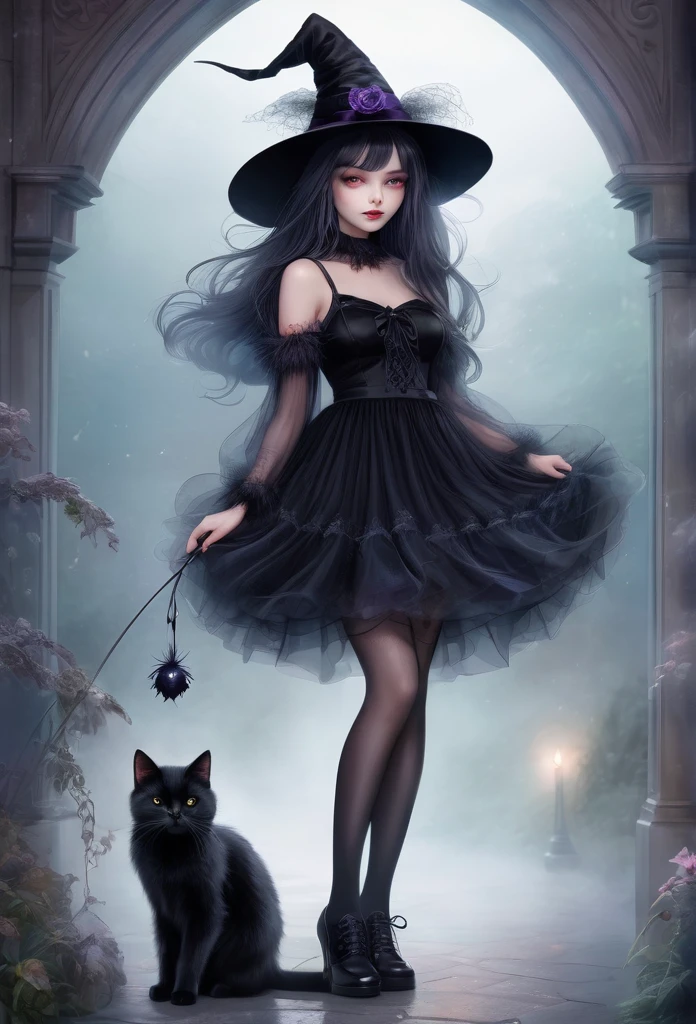 witch girl,full body,short tulled dress, translucent socks,shoes,hugging a beautiful furry black cat,mist background,(high quality),(refined details),(delicate details),(fantasy illustration)