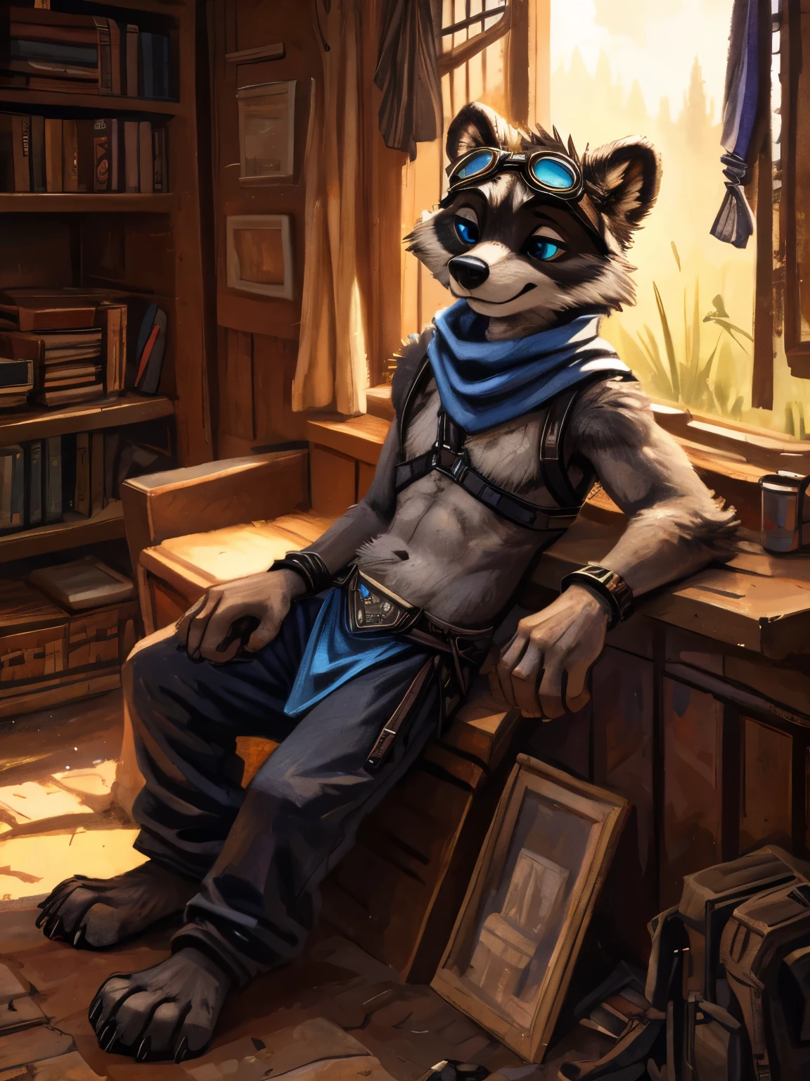 Masterpiece, best quality, high quality, 1teen furry raccoon girl, Teenager, Grey body, brown spiked hair, detailed eyes, Detailed body fur, wears Long Blue scarf, leather harness, with blue breechcloth, Goggles, Gray body, Detailed face, has eyebrows, Blue eyes, Detailed eyes, slim body, Detailed hands, skin body, Detailed paws, wears metal cuffs on wrists, Metal cuffs on ankles, wears black baggy pants, happy expression, in the library, sitting, sunny day