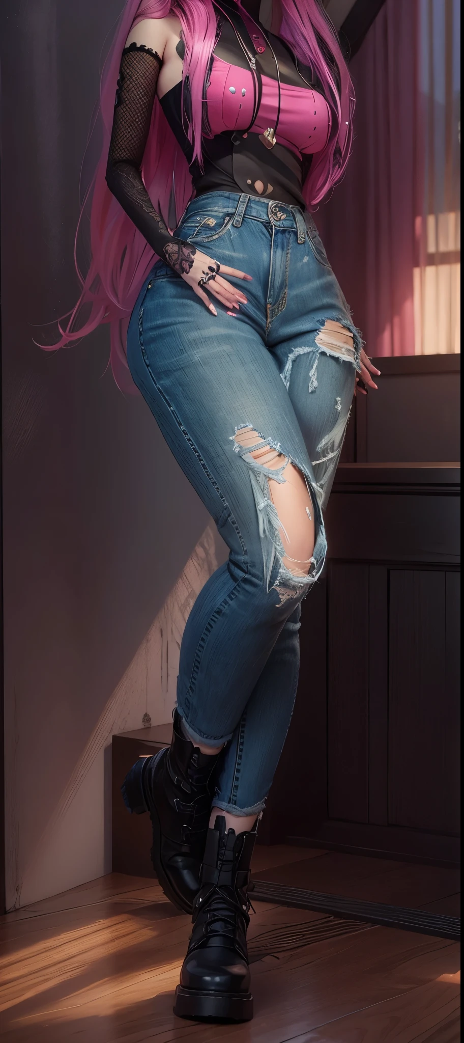 AVATAR SECOND LIFE Korean girl, black blouse, Asian, pink  hair, pink  hair, pink  hair, korean girl , Perfect and detailed face, imvu, maximalist details, AVATAR SECOND LIFE Korean blusa , neon, jeans, jeans