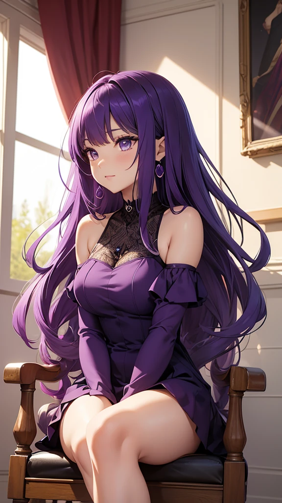 Beautiful Woman Woman Seated Perfect Legs Hands Between Legs Mini Dress In Profile, purple Hair