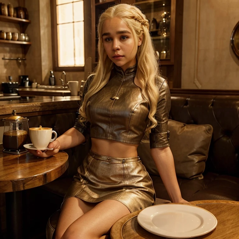 Ultra realism,  Daenerys targaryen in coffee shop perfect body, length of hair medium short, texture of hair thick, color of hair blonde, sitting in a cafe on her plate coffee and crossiant. Wearing sexy luxury western clothes. 