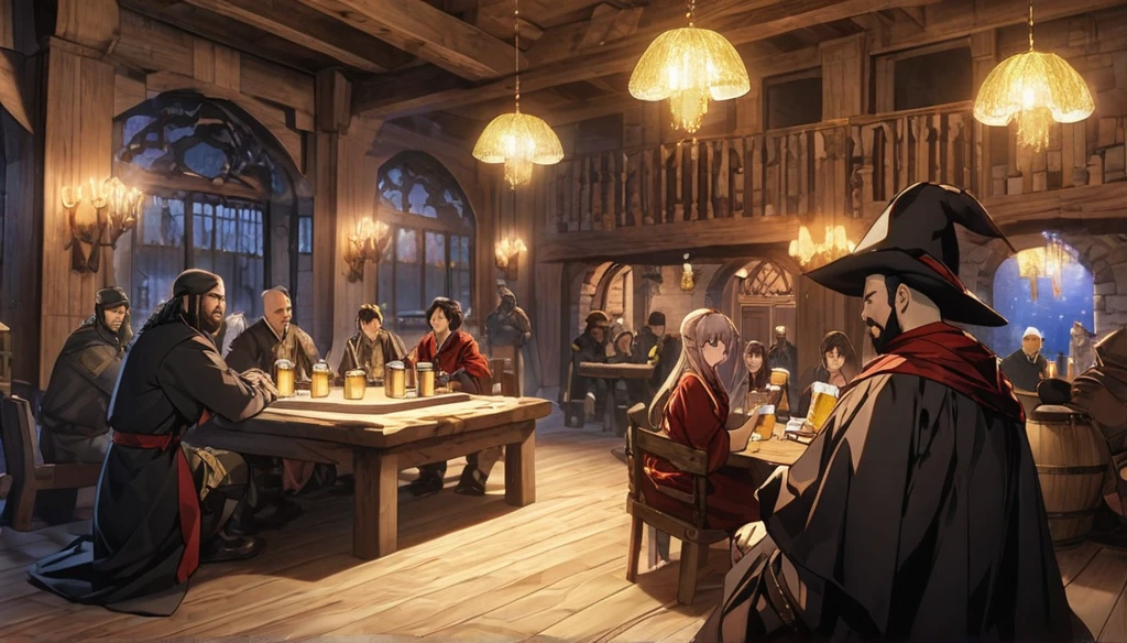 ((anime Infinite Stratus art, 8k, epic quality)). The theme is medieval RPG. It's night. The setting is a large old medieval tavern, very detailed, wooden furniture, wooden walls with chandeliers completely illuminating the scene, some windows, wooden floors, there are several people(men and women) from several different classes(knights, clerics, ninjas, thiefs, monks, archers, pirates) partying wildly and drinking a lot of beer around the setting, the focus is a man(31-years-old wizard, bald, handsome face, smiling like a drunk, black beard slightly gray, white skin, brown eyes, strong and short in stature, he wears a pointy wizard's hat and legendary wizard's clothes, he is drinking beer from a mug using his left hand). The atmosphere is festive, funny, cheerful and magical. Complete view of the setting.