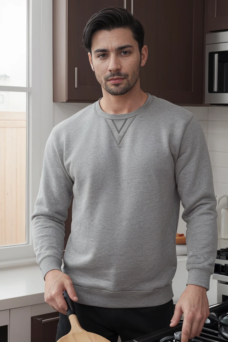 Real image of a Turkish model man with short black hair athletic body,  short dark beard, wearing a sweatshirt. cooking in the kitchen, window light.