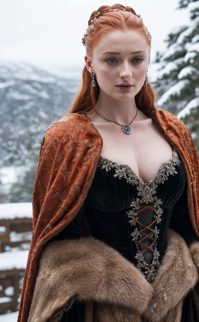 Face of Sophie Turner, Sansa Stark played by Sophie Turner, the de facto Lady of the Eyrie, is a 40-year-old mature queen with a stunning, alluring appearance. Full Face, pierced eyes, reddish lips, upper body shot, erotic Mediaeval costumes, game of thrones costumes, She wears a Game of Thrones-inspired costume and has a deep cleavage, a perfect thick body, and a perfect thick figure. The photograph captures her in a close-up, with her skin texture and facial features being ultra-realistic and realistic. Juicy thick figure, high quality skin, Skin pores, amazing details, snow, snow flakes, semi realistic, extremely detailed eyes, dark moody orange and black settings, cool environment, artificial intelligence, winter, winter scene,