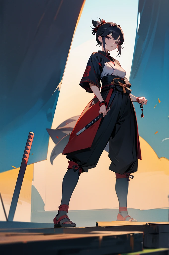 Adult, Female, samurai Clothing, Standing pose, Town background