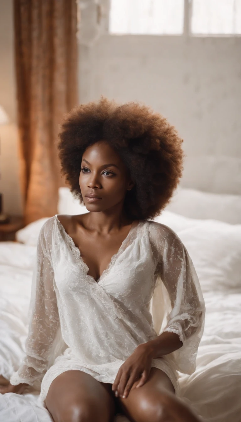 Une femme africaine (( long cheveux afro)) , La femme porte une chemise de nuit blanche assise droite dans son lit en regardant la place vide à côté d'elle