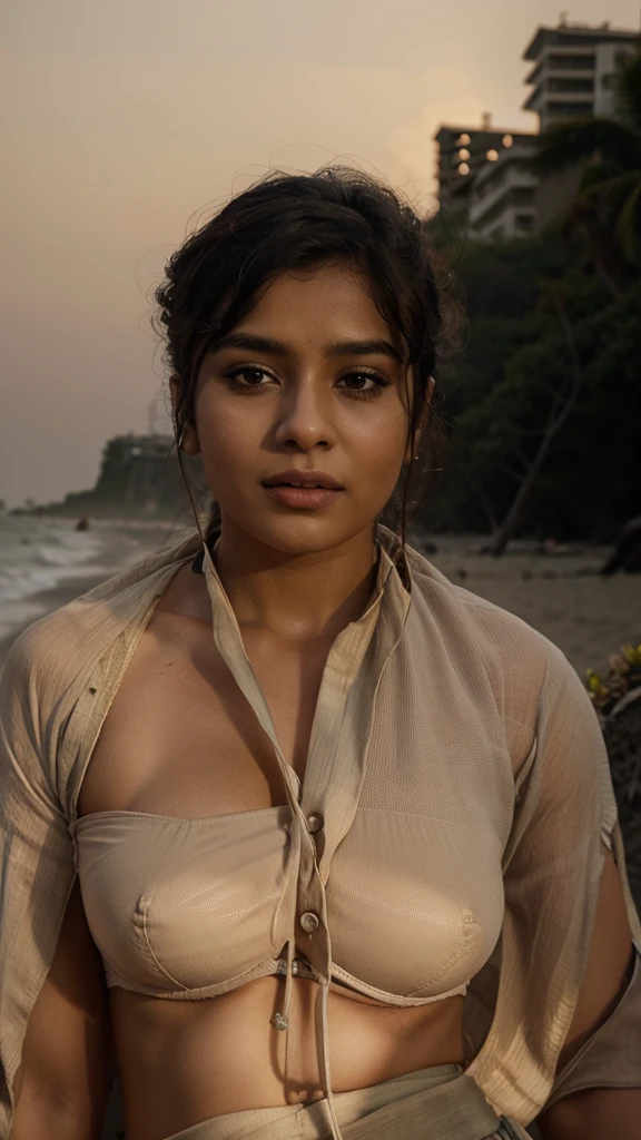 A woman padded bra and shorts saree,on the beach