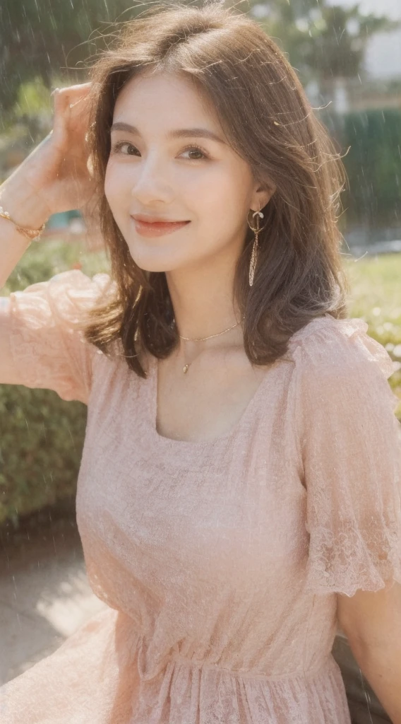 ((Best Quality, 8K, Masterpiece:1.3)), Focus: 1.2, Perfect Body Beauty: 1.4, Buttocks: 1.2, ((Layered Haircut, Breasts: 1.2)), (Wet Clothes: 1.1), (Rain, Street:1.3), Bandeau Dress: 1.1, Highly Detailed Face and Skin Texture, Fine Eyes, Double Eyelids, Whitening Skin, Long Hair, (Shut Up: 1.3), Smile "Create a high-quality profile picture of a young Latina woman named Bella Rivera. She is 24 years old, with a softer, curvier build and a warm medium-tan complexion. Bella has an oval-shaped face with high cheekbones, almond-shaped dark brown eyes, and thick, well-groomed eyebrows with a natural arch. Her nose is straight with a slight elegant curve, and she has full lips with a natural pink hue. Bella has a bright, warm smile with subtle dimples, and a small beauty mark above her upper lip on the left side. Her long, wavy hair is deep brown with natural highlights.
In this photo, Bella is wearing a casual yet feminine outfit. She is dressed in a flowy, floral-patterned sundress that highlights her curves and enhances her soft build. The dress has a light, pastel color palette and delicate details such as ruffles or lace. She accessorizes with simple, elegant jewelry like small hoop earrings, a delicate necklace, and a couple of bracelets. Her makeup is natural, with a focus on her bright smile and expressive eyes.
Bella should be standing or sitting in a relaxed and comfortable pose, perhaps holding a cup of coffee or a bouquet of flowers, to enhance the casual and feminine vibe. The background should be a softly blurred outdoor setting, like a park or garden, with natural light highlighting her features and outfit."