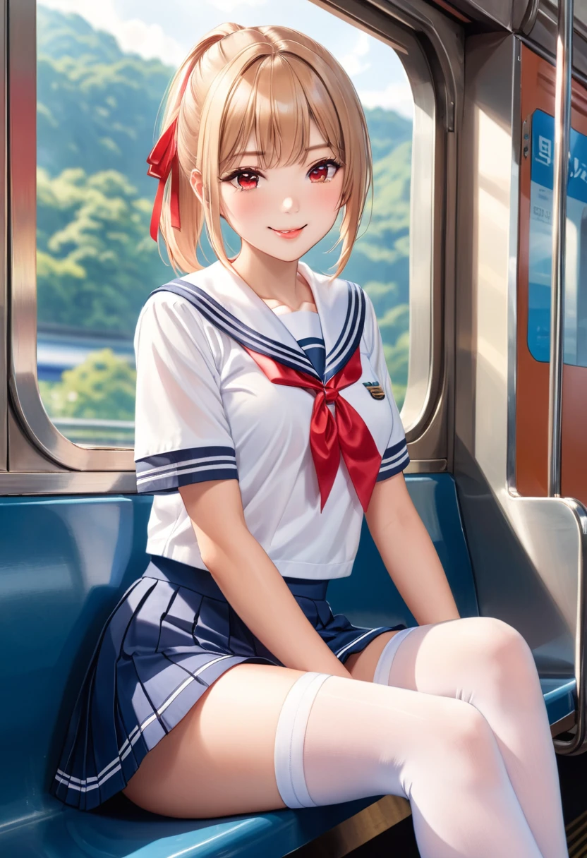 Highest quality、High resolution、Detailed Background、Beautiful face in every detail、Teenage beauty、Detailed red eyes、Realistic、Perfect body line、Light Hair Color、Bobcut、ponytail、well-groomed eyebrows、A shiny white short-sleeved sailor suit、Light blue sailor collar、Navy blue pleated skirt、Red ribbon、White Stockings、on the train、Sitting in a chair、Looking at me with a happy expression、Panty Shot、Cute gestures、so beautiful