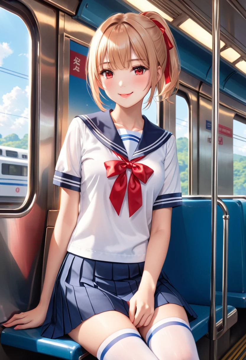 Highest quality、High resolution、Detailed Background、Beautiful face in every detail、Teenage beauty、Detailed red eyes、Realistic、Perfect body line、Light Hair Color、Bobcut、ponytail、well-groomed eyebrows、A shiny white short-sleeved sailor suit、Light blue sailor collar、Navy blue pleated skirt、Red ribbon、White Stockings、on the train、Sitting in a chair、Looking at me with a happy expression、Panty Shot、Cute gestures、so beautiful