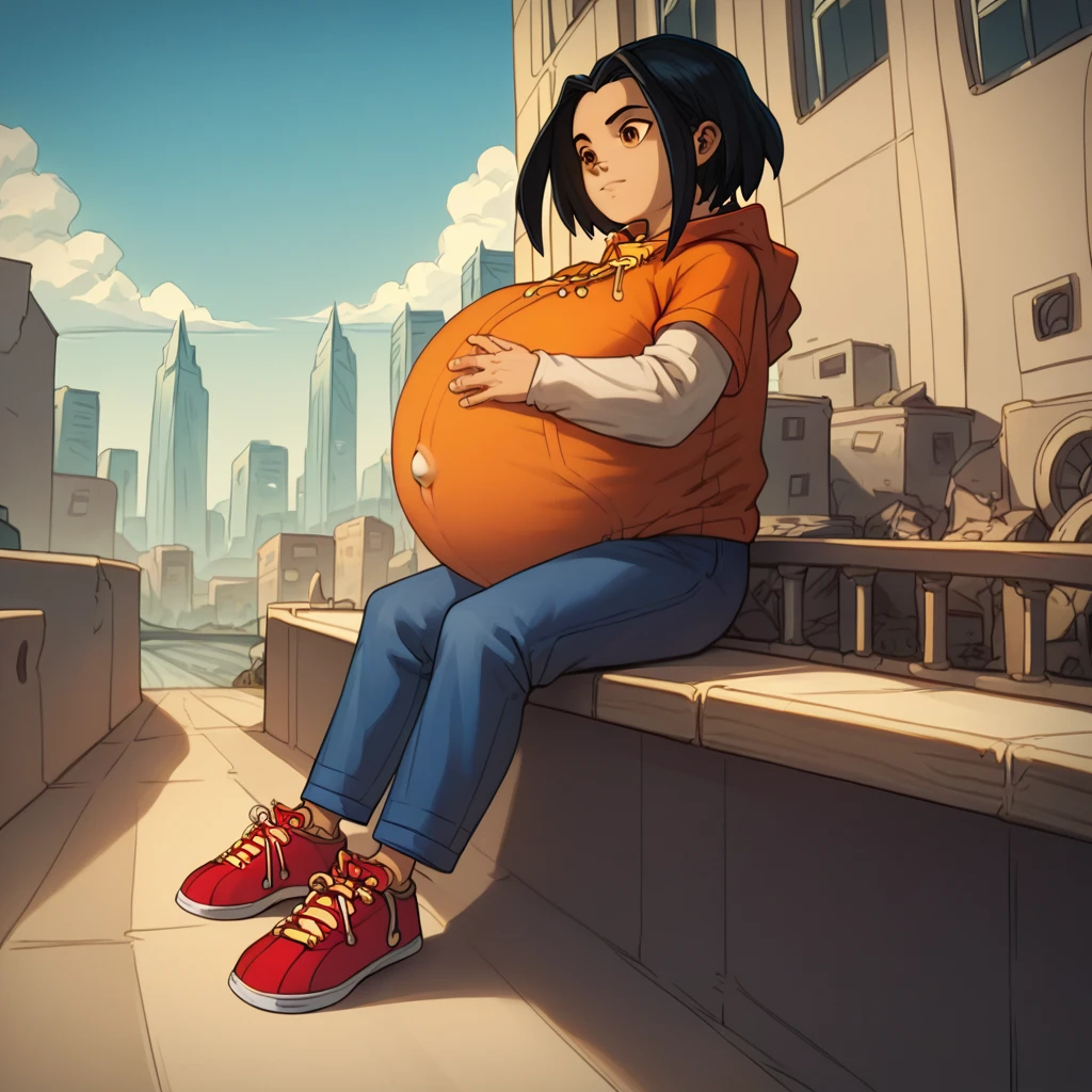 score_9, score_8_up, score_7_up, semirealistic girl sitting on bridge, , jadechan, short black hair, solo, brown eyes, wind, 1girl, orange hoodie, long white sleeves, blue pants, sneakers, city in the background, clear sky, hyper-pregnant, hyper-breasts 