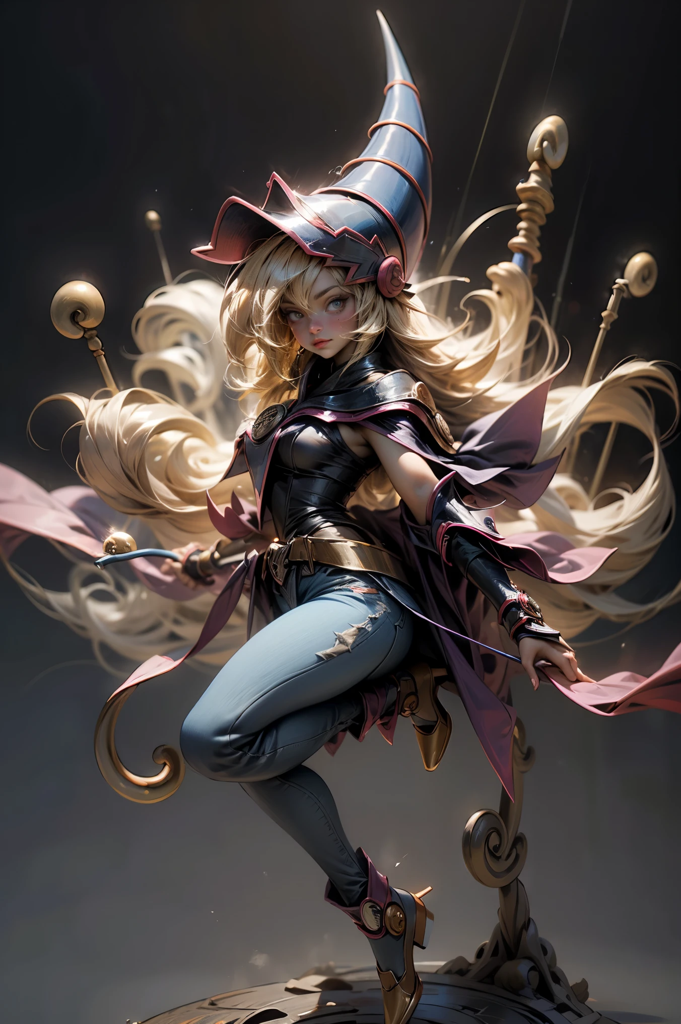 (Masterpiece:1.2), (The best quality:1.2), perfect lighting, Dark Magician Girl casting a spell, in battle. floating in the air, large visible , wear jeans and heels. transparent neckline, blue robe, big hat, From above, shines, Yugioh games, The magic of the heart, romantic heart.