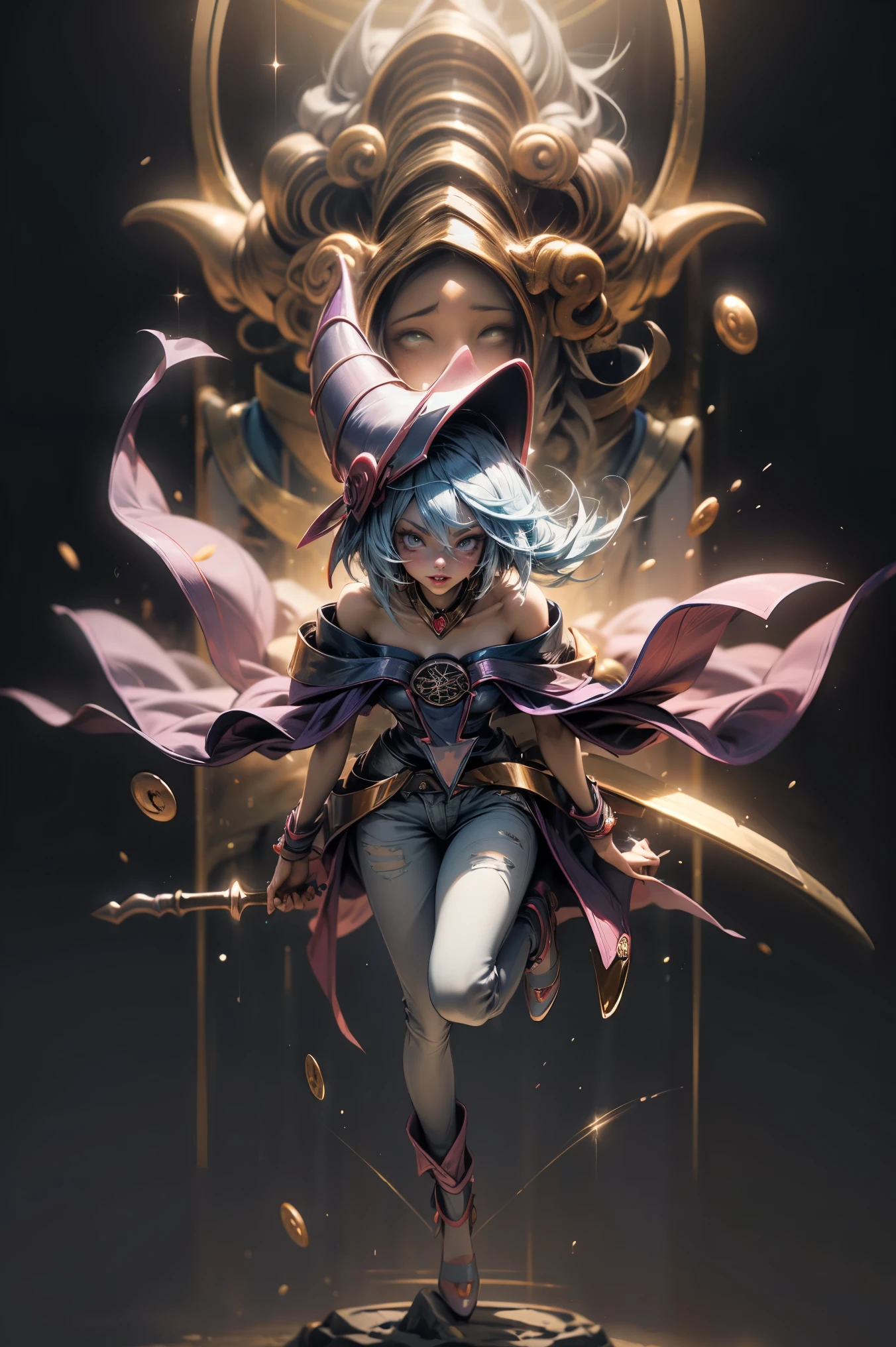 (Masterpiece:1.2), (The best quality:1.2), perfect lighting, Dark Magician Girl casting a spell, in battle. floating in the air, large visible , wear jeans and heels. transparent neckline, blue robe, big hat, From above, shines, Yugioh games, The magic of the heart, romantic heart.