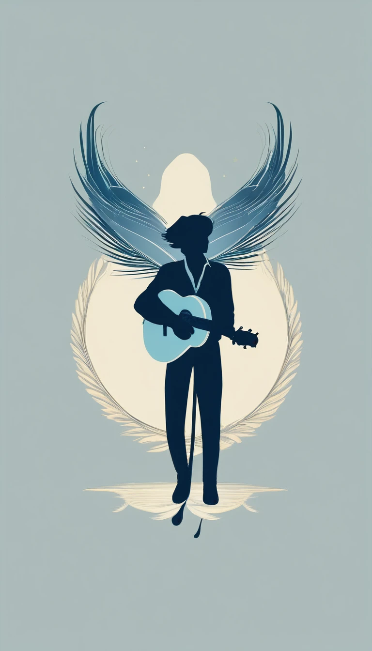 A minimal, modern, simple, cinematic logo design for the brand “Penamemoria". The logo design must be a simple, silhouette of a boy, standing up, playing acoustic guitar and fantasy feather by his side. The logo must convey a sense of music, stories, memories and dreams. Logo design impressed on a book cover. Minimalistic logo. Light blue, soft white and light golden as colors for the logo design