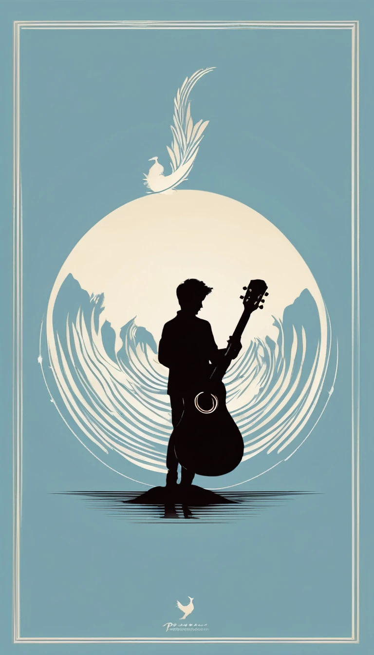 A minimal, modern, simple, cinematic logo design for the brand “Penamemoria". The logo design must be a simple, silhouette of a boy, standing up, playing acoustic guitar and fantasy feather by his side. The logo must convey a sense of music, stories, memories and dreams. Logo design impressed on a book cover. Minimalistic logo. Light blue, soft white and light golden as colors for the logo design
