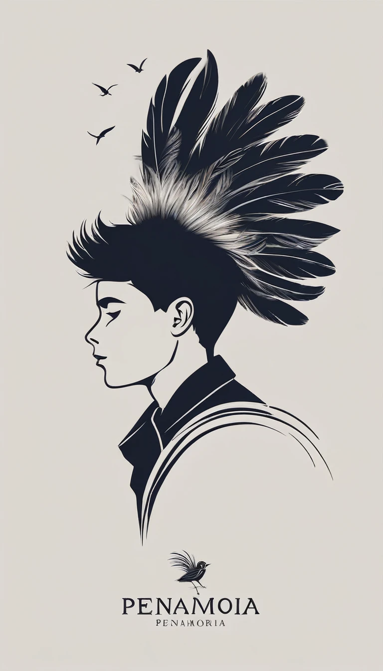 A minimalist, fantastic, poetic, dreamy, captivating, memorable, masterpiece, modern, simple logo design of a boy and a feather for the brand “Penamemoria". The logo must convey a sense of music, stories and dreams. Minimalistic logo design of a boy and a feather.