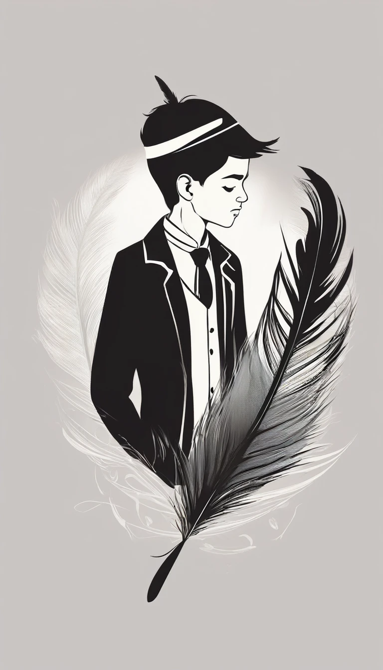 A minimalist, fantastic, poetic, dreamy, captivating, memorable, masterpiece, modern, simple logo design of a boy and a feather for the brand “Penamemoria". The logo must convey a sense of music, stories and dreams. Minimalistic logo design of a boy and a feather.