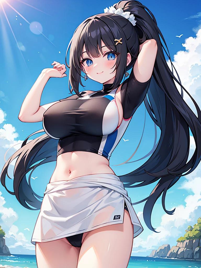 best quality,extremely detailed,anime style,1girl,Long hair down to the waist,straight hair,Dark black hair with bluish,Braid on top of the head,ponytail,beautiful detailed eyes,pinched eyes,dark blue eyes,huge breasts,smile,((dynamic pose)),white base swim clothing, Fluttering and mysterious clothes,((hair ornament)),beach,summer