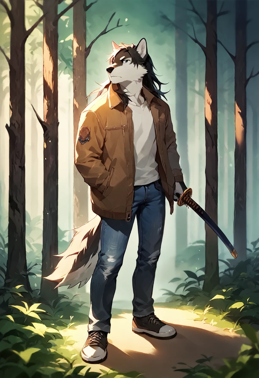 score_9, score_8_up, score_7_up, score_6_up, score_5_up, score_4_up, (solo), male anthro wolf, solo, forest, long length hair, jacket, shirt, jeans, katana