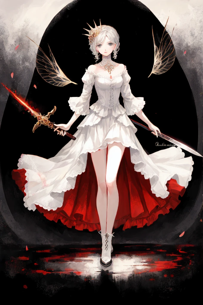 ((best quality)), ((masterpiece)), (detailed), 1girl, Character design, female, dynamic poses, long white grey hair, grey white eyes, very skinny, detailed, best quality, no accesoires around the neck, no shoes, prominent collarbones, skinny arms, flat stomach, visible hip bones, full body, blank white background, plain background, white background, red and white clothing, Bloodborne inspired, occult aesthetic, occult, detailed and intricate steampunk and detailed gothic, NSFW, Very dramatic and cinematic lighting, cosmic horror, grim-dark, side-lighting, perfect face, NSFW, Fluttering lace flared long knee length dress with frilly petticoats, knee length dress, pleated petticoats, petticoats gothic, complex lace boots, side-lighting, gothic aesthetic, wielding a mighty sword with mechanical components, mandalas, small breasts, a fairy, various different types of insect wings, NSFW, full body, whole body, body, plain background, white background, blank background, no background, white background NSFW, chains, full body, whole body, head-to-toe NSFW