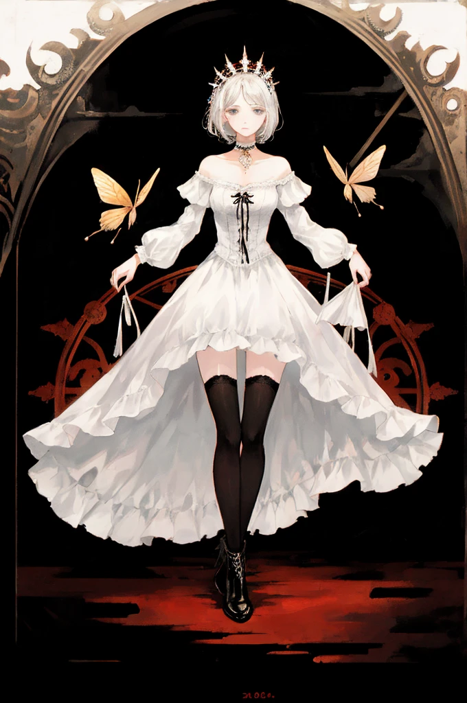  ((best quality)), ((masterpiece)), (detailed), 1girl, Character design, female, dynamic poses, long white grey hair, grey white eyes, very skinny, detailed, best quality, no accesoires around the neck, no shoes, prominent collarbones, skinny arms, flat stomach, visible hip bones, full body, blank white background, plain background, white background, red and white clothing, Bloodborne inspired, occult aesthetic, occult, detailed and intricate steampunk and detailed gothic, NSFW, Very dramatic and cinematic lighting, cosmic horror, grim-dark, side-lighting, perfect face, NSFW, Fluttering lace flared long knee length dress with frilly petticoats, knee length dress, pleated petticoats, petticoats gothic, complex lace boots, side-lighting, gothic aesthetic, wielding a mighty sword with mechanical components, mandalas, small breasts, a fairy, various different types of insect wings, NSFW, full body, whole body, body, plain background, white background, blank background, no background, white background NSFW, chains, full body, whole body, head-to-toe NSFW 