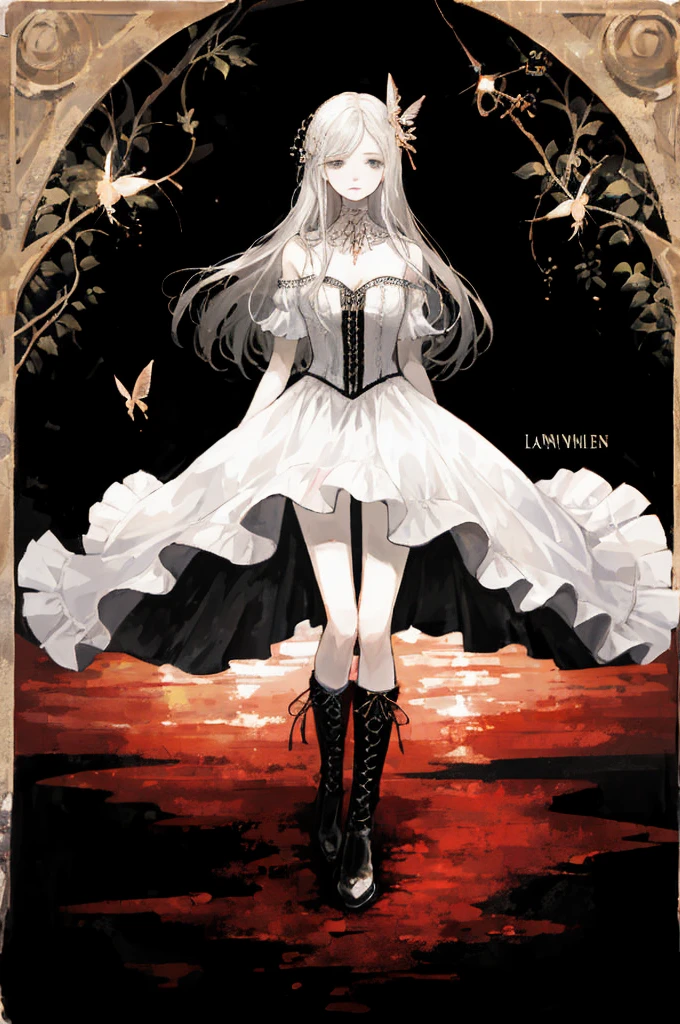  ((best quality)), ((masterpiece)), (detailed), 1girl, Character design, female, dynamic poses, long white grey hair, grey white eyes, very skinny, detailed, best quality, no accesoires around the neck, prominent collarbones, skinny arms, full body, blank white background, plain background, white background, ((red and white clothing)), Bloodborne inspired, occult aesthetic, occult, detailed and intricate steampunk and detailed gothic, Very dramatic and cinematic lighting, cosmic horror, grim-dark, side-lighting, perfect face,  Fluttering lace flared long knee length dress with frilly petticoats, knee length dress, pleated petticoats, petticoats gothic, complex lace boots, side-lighting, gothic aesthetic, wielding a mighty sword with mechanical components, mandalas, small breasts, a fairy, various different types of insect wings,full body, whole body, white holy clothes,white holy clothes,
