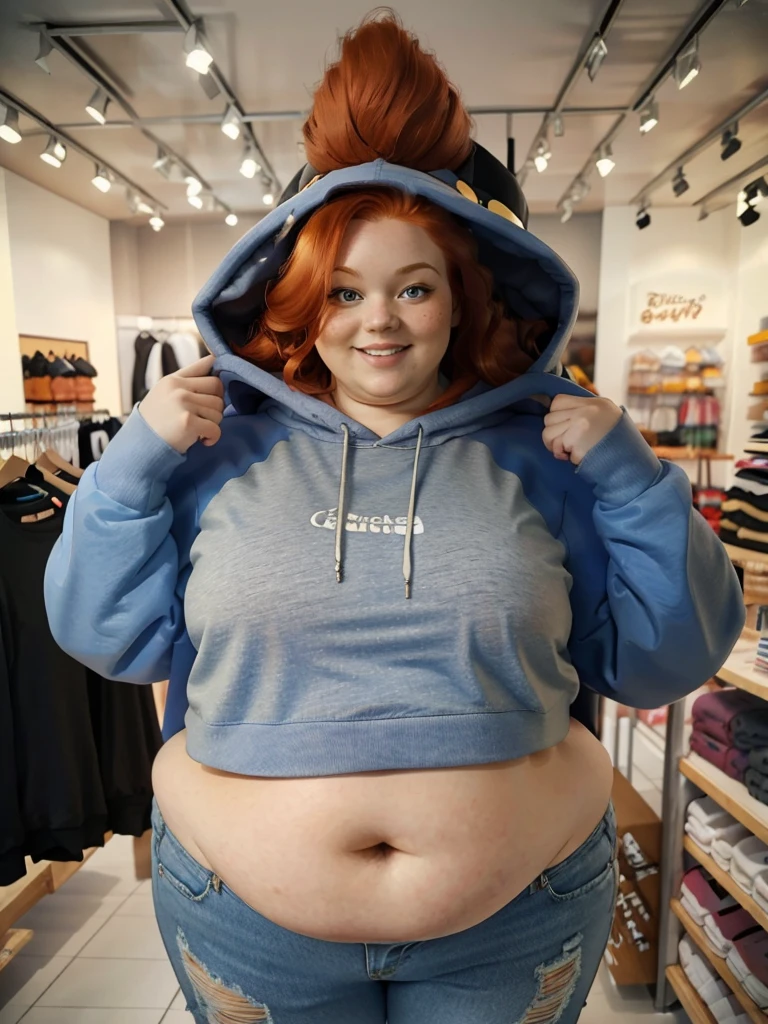 A happy photo of a young cute redhead bbw with long wavy ginger hair, huge soft fat belly, wide fat obese hips, thick fat legs and fat arms, cute pretty face, small breasts, blue eyes, freckles, in a cute long tight covering hoodie and long jeans trousers and jeans jackie, pointing on her belly in a chlothes shop