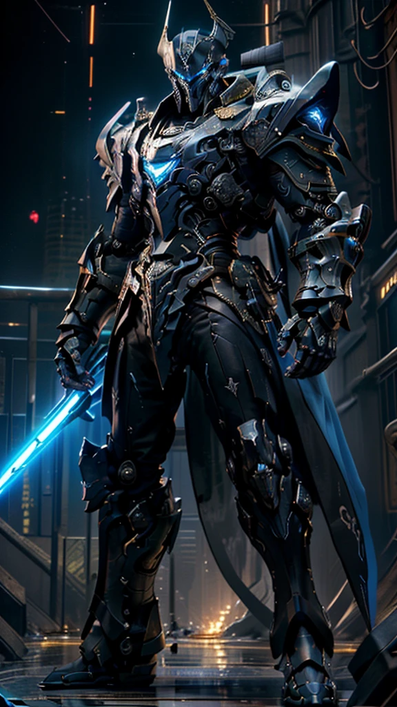 (Character sheet):1.4, ultra-detailed complex 3d rendering of(masterpiece), (best quality), (super-detailed), (UHD 8k Sony a7R V 60 MP mirrorless camera with a 35mm wide-angle lens and a f/2.4 aperture, photographic full body shot) (of a tall, lean, and mean, futuristic, (gleaming, polished silver and blue mecha-suit):1.4 enabled, (the mirrorlike mecha suit emboldening the space pirate Captain, (mecha pirate:1.4))). The warrior is depicted brandishing his (glowing:1.4, electric-blue, laser cutlass:1.5). He is wearing intricate, highly detailed armor that is black:1.45, silver:1.43, and blue:1.2, with a jolly roger emblem inlaid in platinum on his chest, (he makes for a striking figure of an evil robot buccaneer:1.2). The grim looking Captain is (standing straight:1.52), with his (legs slightly bent:1.3) in preparation for evasive maneuvers, (holding his trusty laser cutlasses:1.44 out to his sides:1.51), (ready for battle, it was time for some action), (on the gloomy bridge of his pirate themed spaceship:1.4), epic comic book cover art by Greg Capullo mixed with the iconic style of comic book cover artist Jim Lee also from the Marvel, Image, and DC comic book universes. dramatic lighting with strong contrasts highlights his metallic textured features, cinematic movie still, masterpiece, best quality, absurd resolution, 8k Nikon 7R V 60MP, ray tracing, HDR, UHD, volumetric lighting, Unreal Engine 5, Unity Engine, Blender, octane render, exquisite subject composition and use of lighting:1.4, exceptional, award-winning shading:1.38, sharp focus:1.35, low angle, ominous mood, facing the viewer, , maximalist beautiful studio soft light, rim lighting, vibrant details, lace, hyper-realistic, hand, facial muscles, electric wires, microchip, elegant, beautiful background, octane, H.R. style giger