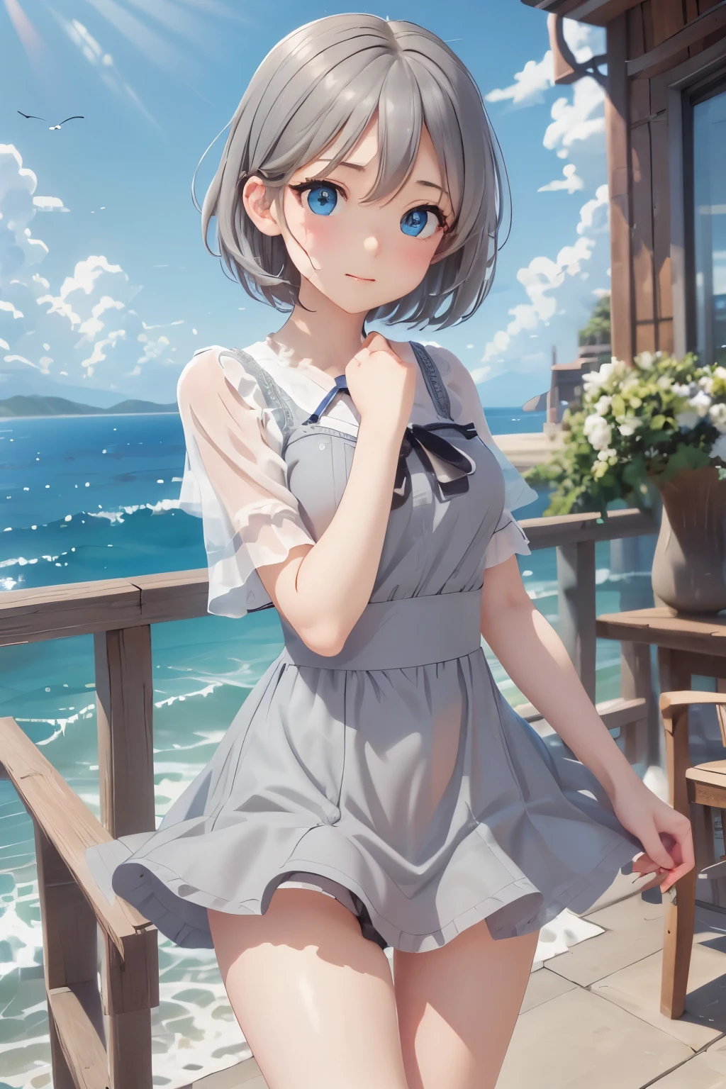 Anime girl in a short dress standing on a deck by the ocean - SeaArt AI