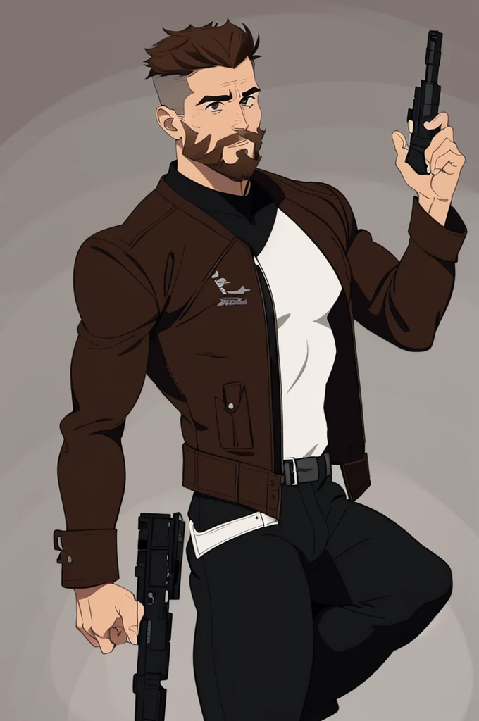 solo Male, muscular, White short hair, brown short beard, brown long sleeve leather jacket, black shirt, black pants, holding a pistol, full body, stoic attitude.
