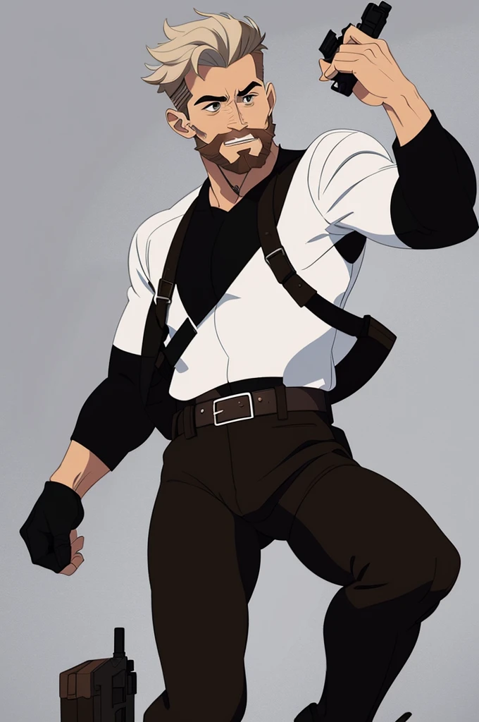 solo Male, muscular, White short hair, brown short beard, brown long sleeve leather jacket, black shirt, black pants, holding a pistol, full body, stoic attitude.
