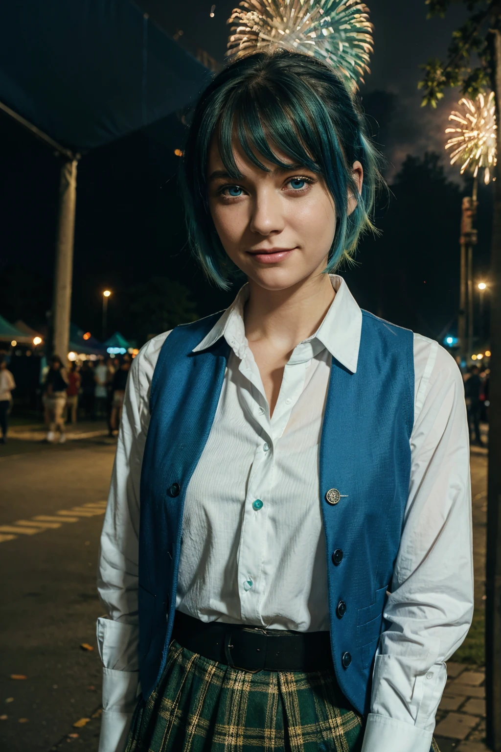 best quality, masterpiece, 1 girl, alone, beautiful, detailed eyes, shirt, blue tie, blue hair, white shirt, long sleeves, medium hair, collared shirt, vest, indoors, , bangs, vest, closed mouth , smile, green eyes, multicolored hair, black vest, short hair, faded hair, blue eyes, skirt, at a festival, festival lights, street, fireworks