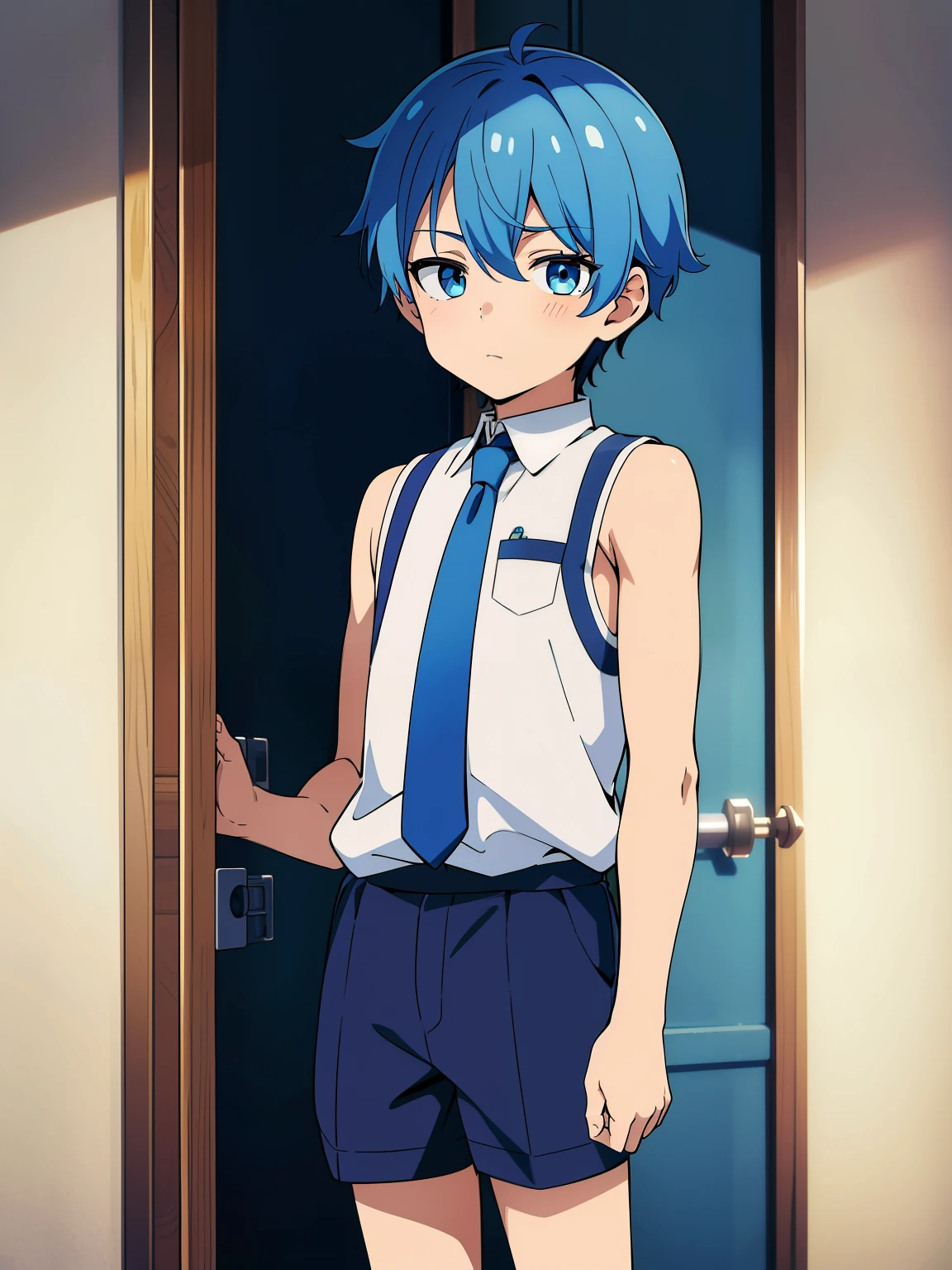 Highres, Masterpiece, Best quality at best,Best Quality,hight quality, hight detailed, Anime style, 1boy, Shota, young boy, Solo person, Blue  hair, fluffy hair, school, Sleeveless uniform, Bare shoulder, Tie, Seen from the front, look at viewer, (very young boy), (very small and short body), 12-year-old boys, uhd, White beckground