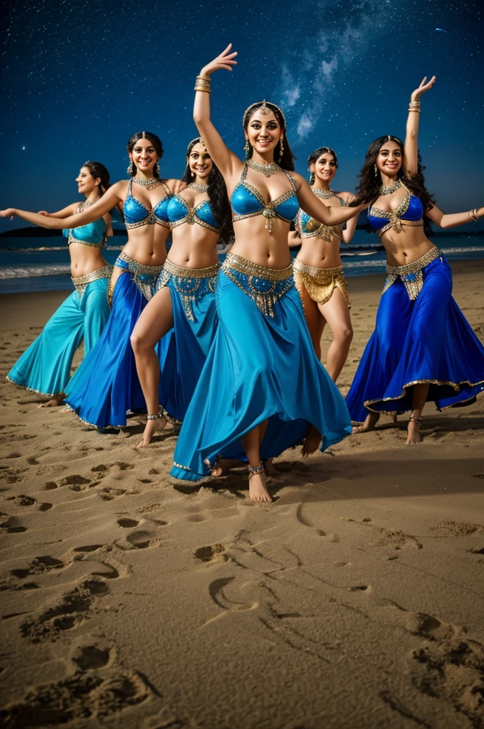 Group of belly dance dancers in blue costume, dancing on a beach on a starry night