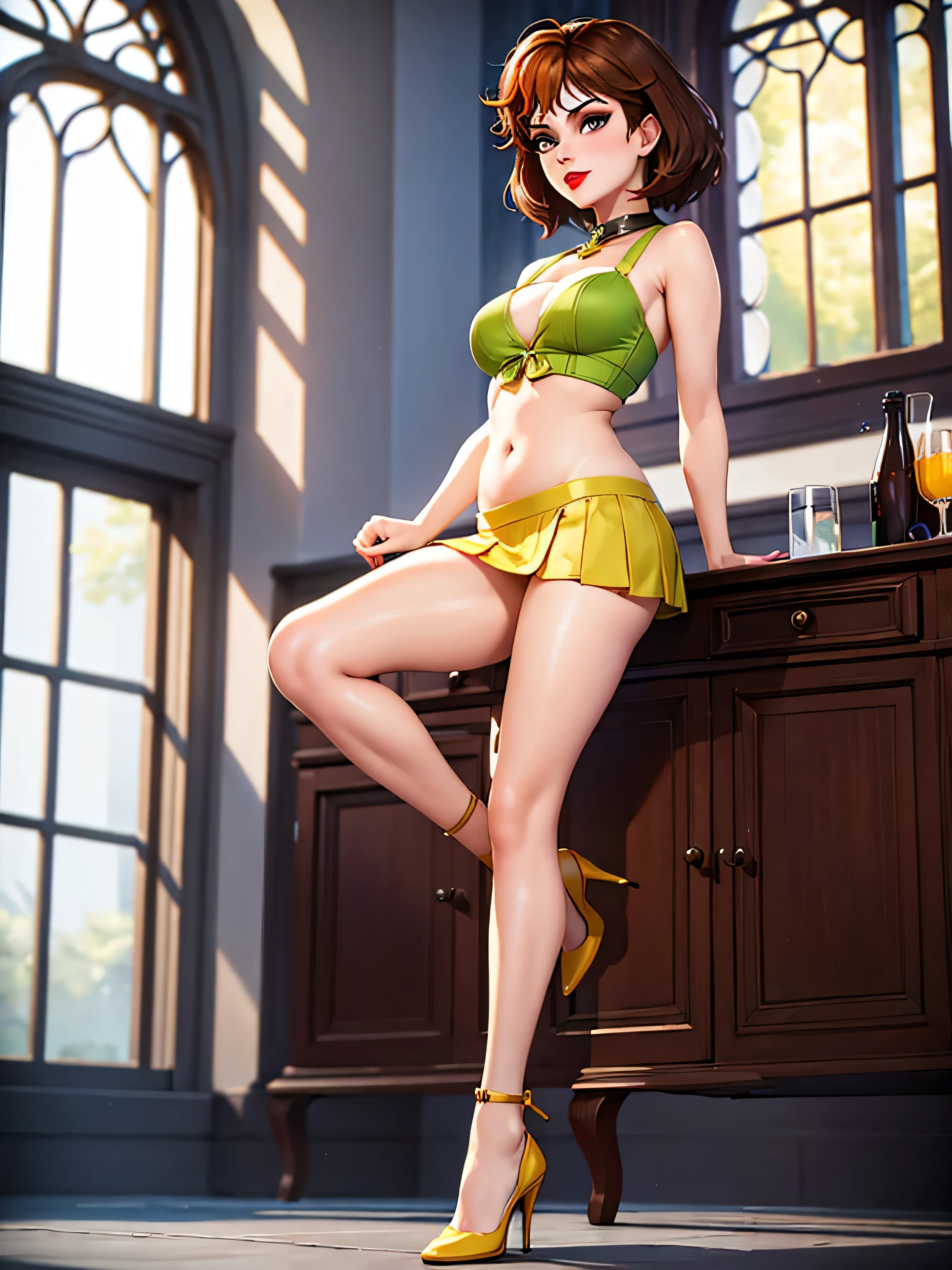 merula, yellow high heels, sexy red lips stick, tonified legs, tight mini skirt, brunette hair, full body, belly, thighs