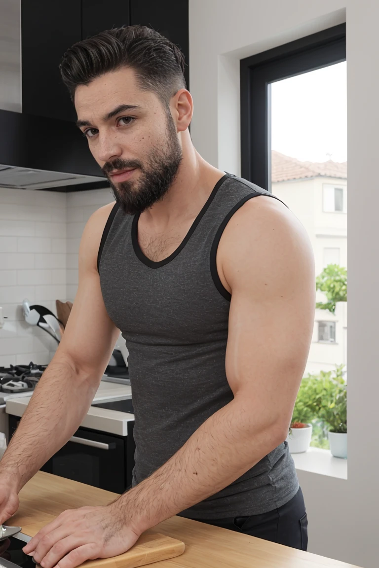 Real image of a Turkish model man with short black hair athletic body,  short dark beard, wearing a sleeveless t-shirt. cooking in the kitchen, window light.