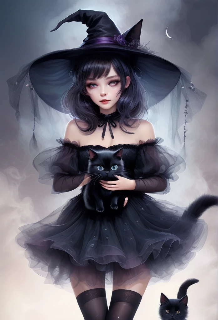 witch girl,full body,short tulled dress, translucent socks,shoes, cuddling a beautiful furry black cat,mist background,(high quality),(refined details),(delicate details),(fantasy illustration)