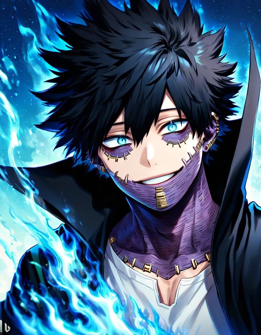 absurdres, highres, ultra detailed, HDR, master piece, best quality, extremely detailed face, delicated features, Dabi, black hair, expressive turquoise eyes, Boku No Hero Academia, sexy man, solo, handsome, smiling, black coat with high collar, white T-shirt, fantasy, magical, blue fire, starry sky, blue lights, blue flames background, blue background