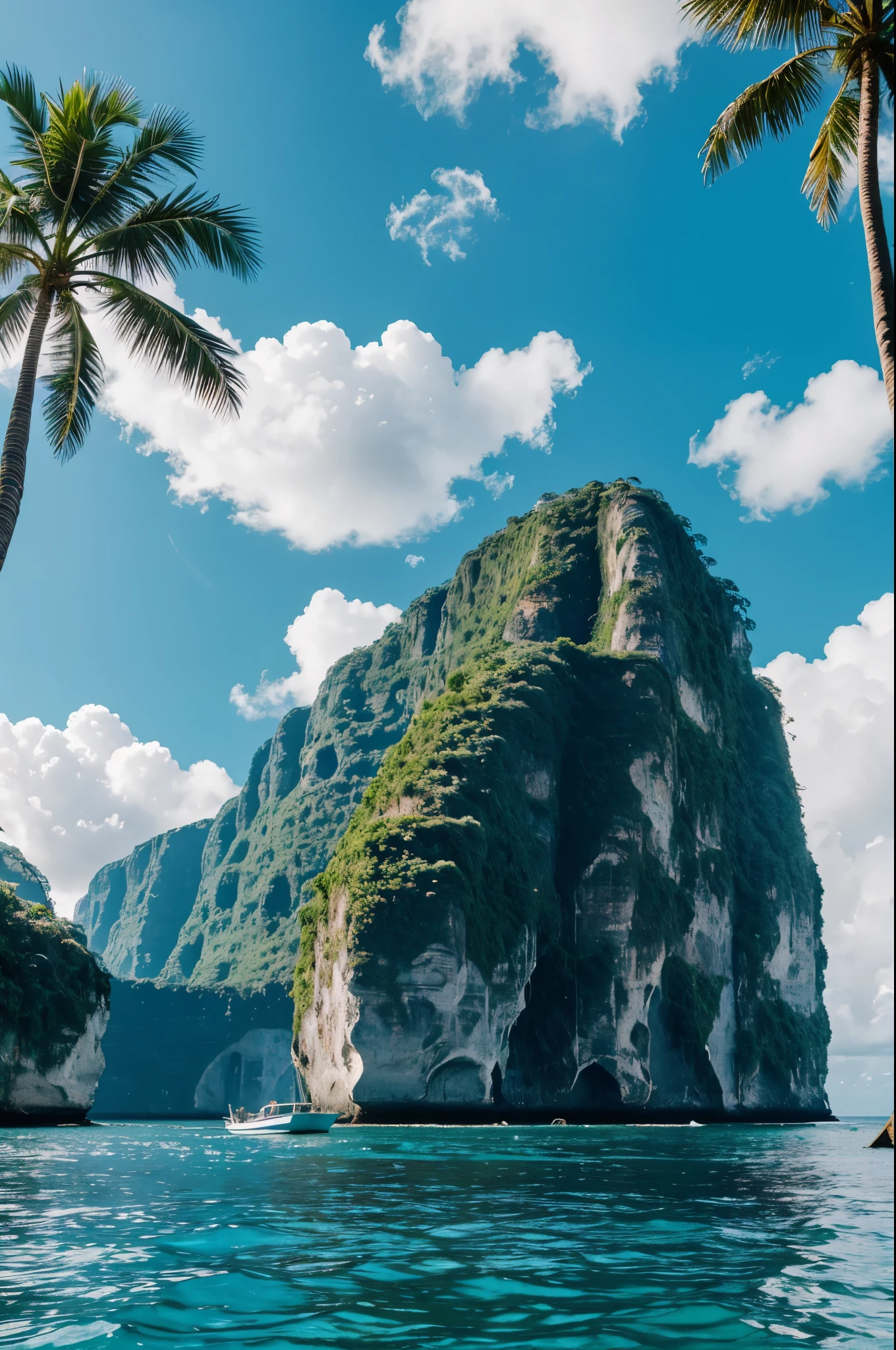 A stunning cinematic photo capturing a tropical paradise with towering palm trees and lush greenery. The sky is a vibrant blue, with just a touch of clouds. On one side, steep rock formations or cliffs frame the scene, while a vast body of water shimmers in the distance, past more cliffs and mountains. A small boat sits idyllically on the shore.