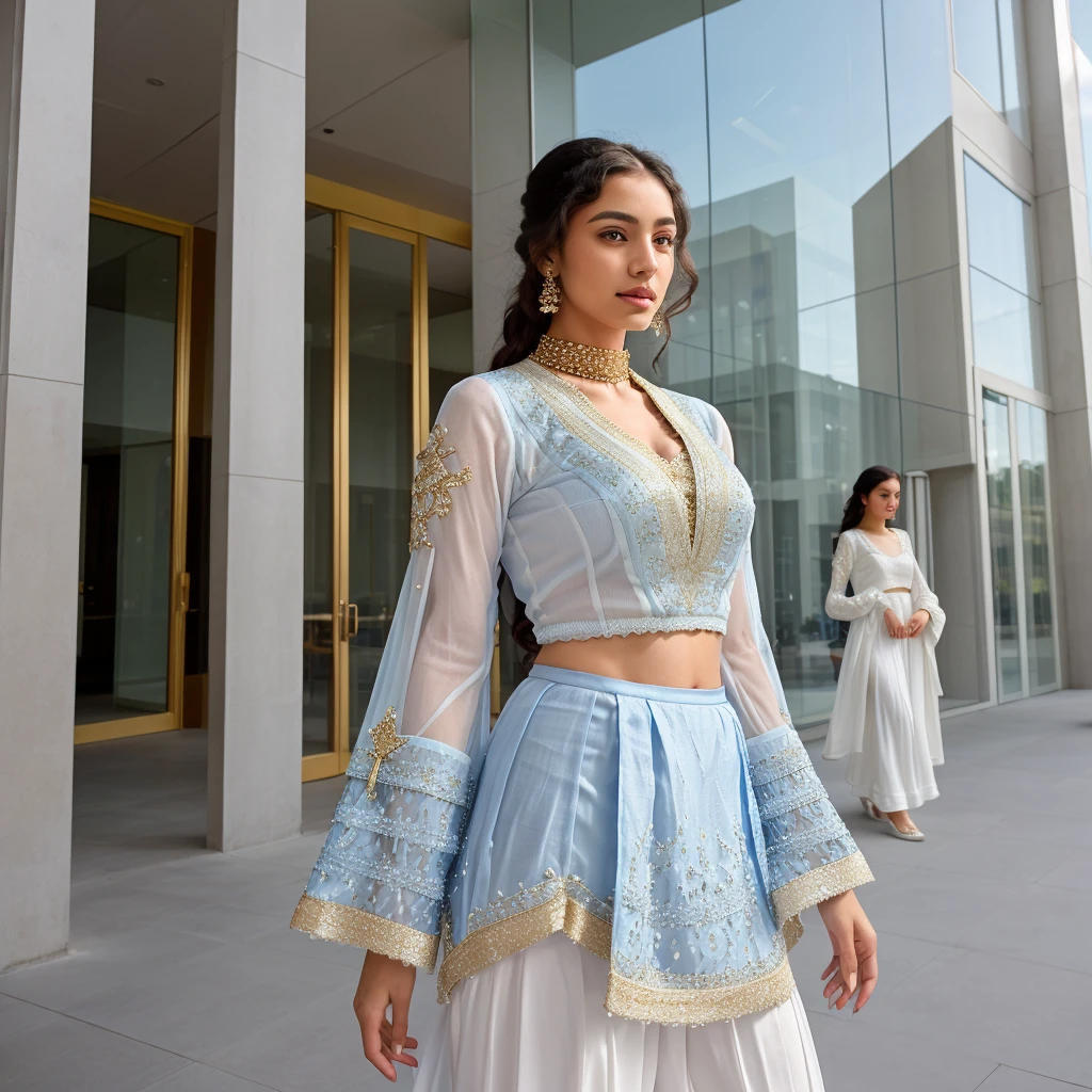 A young woman stands outdoors, wearing a blue sharara. She holds a small golden white purse and is positioned in front of a modern building with large windows. The sharara features intricate lace detailing on the sleeves, adding an elegant touch to her modest attire. Sunlight softly illuminates her, highlighting the texture of her outfit and casting gentle shadows around her. HDR relightning