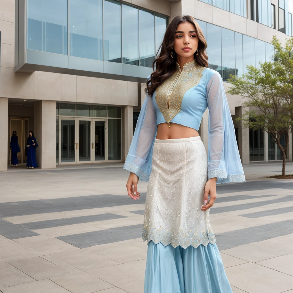 A young woman stands outdoors, wearing a blue sharara. She holds a small golden white purse and is positioned in front of a modern building with large windows. The sharara features intricate lace detailing on the sleeves, adding an elegant touch to her modest attire. Sunlight softly illuminates her, highlighting the texture of her outfit and casting gentle shadows around her. HDR relightning